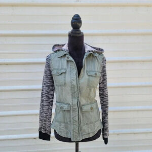 MUDD Women’s Army Green Hooded Jacket 100% Cotton Knit Zip Snap Pockets XS